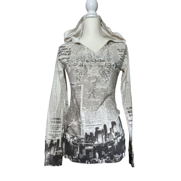 Y2K Newspaper Print Hoodie Rhinestone Embellished Hooded Long Sleeve Top - Picture 1 of 7